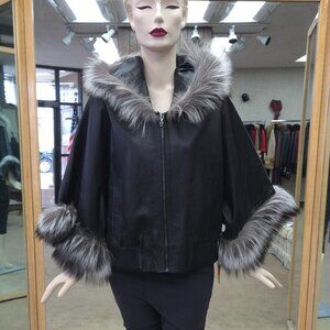 Black Cabretta Lamb Cape Jacket with Silver Fox Fur Trim